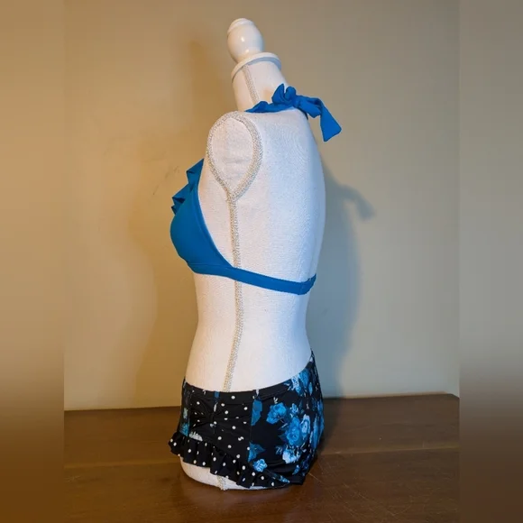 Chaps Blue Ruffle Halter Bikini Top & Bottom SZ 6 - Picture 6 of 16